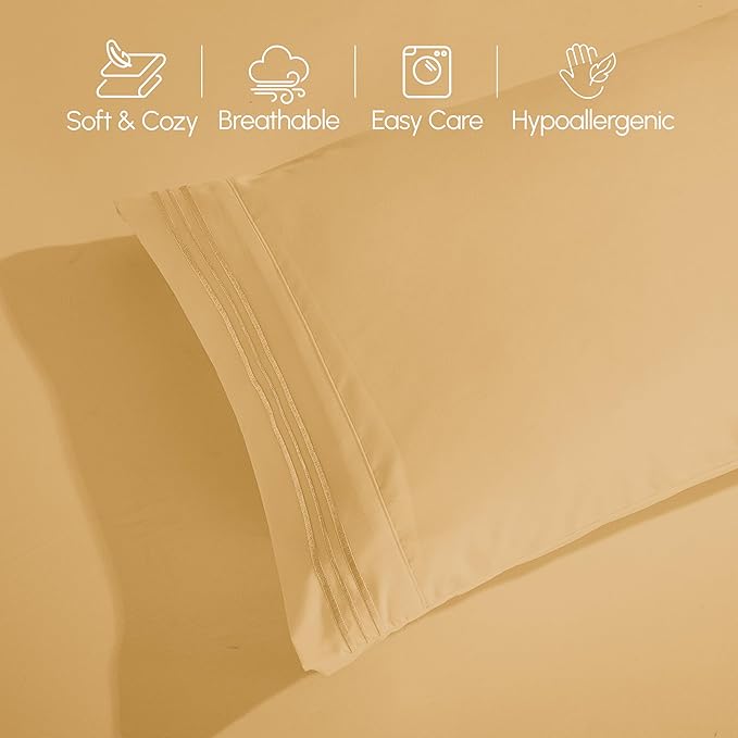 Elegant Comfort Luxurious 1500 Premium Hotel Quality Microfiber Three Line Embroidered Softest 5-Piece Bed Sheet Set, Wrinkle and Fade Resistant, Split King, Gold