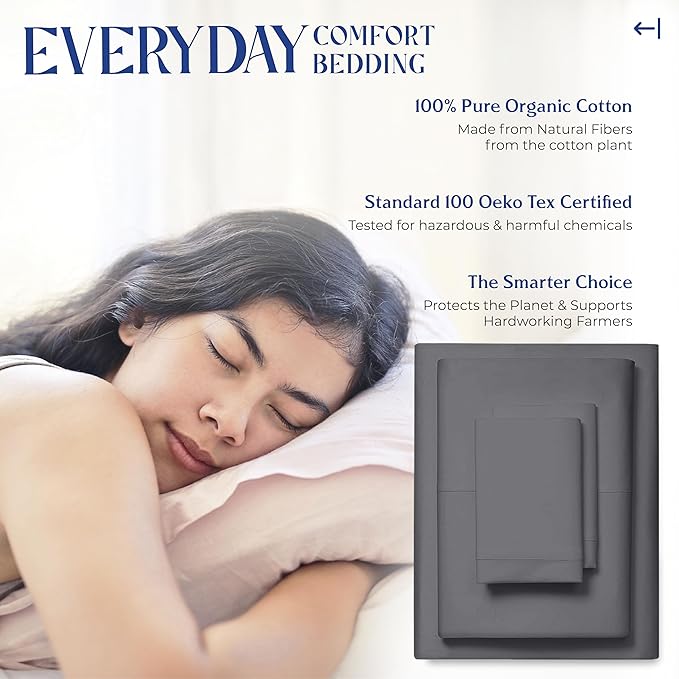 Mayfair Linen 100% Organic Cotton Sheets California King Size - 4 PC Organic Cotton Cal King Size Percale Weave Sheet Set, Soft, Cooling & Crisp, 16" Deep Pocket Hotel Quality Bedding Set - Dark Grey