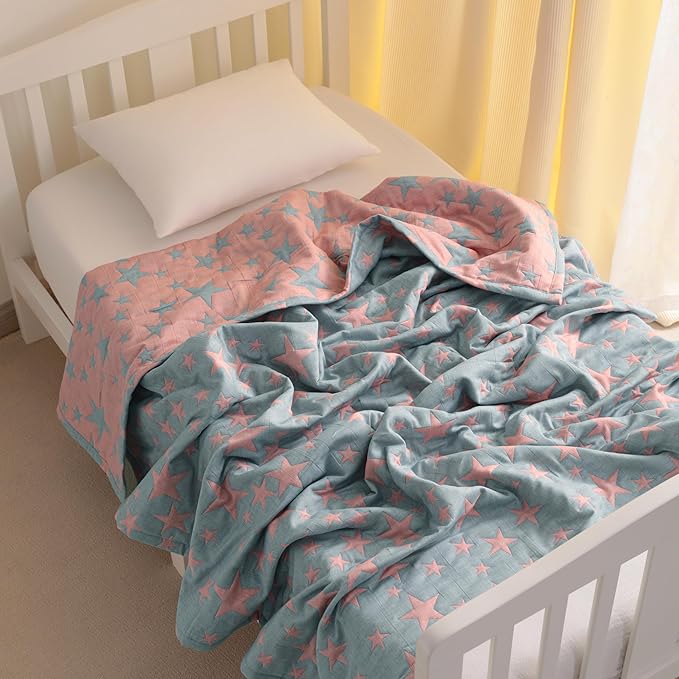 NTBAY 3 Layer Toddler Blanket, Muslin Cotton Jacquard Bed Blankets, Lightweight Thermal Baby Blanket, Super Soft and Warm Crib Blanket for All Seasons, Decoration Gift, 45"x60", Red and Blue Star