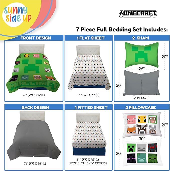 Sunny Side Up Minecraft Full Comforter Set - 7 Piece Kids Bedding Includes Comforter, Sheets & Pillow Cover - Super Soft Gamer Microfiber Bed Set