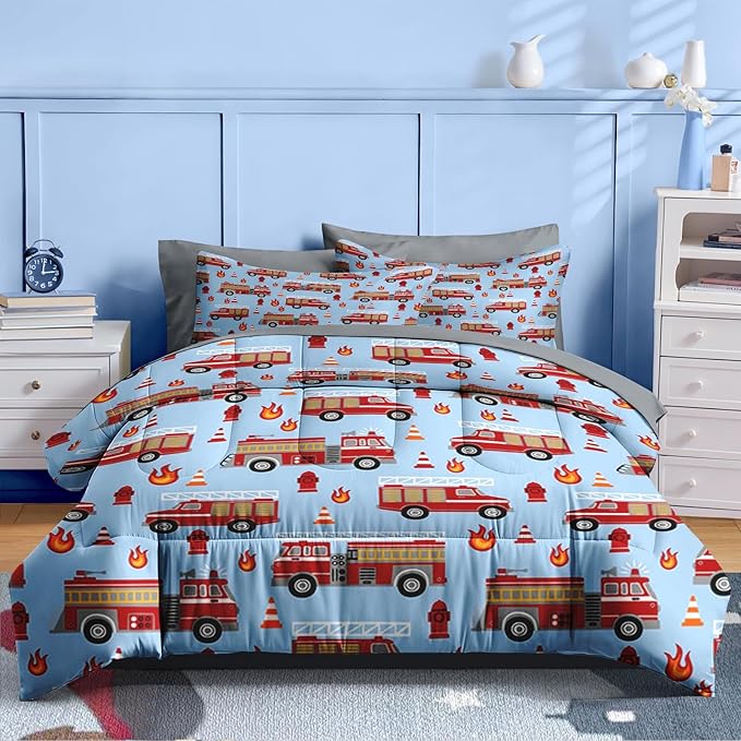 Nesker 5 Pcs Comforter Set Twin Size, Red Fire Engine Bedding for Kids Teen, Fire-Fighting Trucks Vehicle Bed Sheet with Pillowcase & Sham