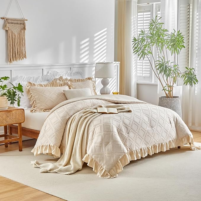 Flysheep Tufted Grids Ruffle Comforter Set Twin Size, 3 Pieces Beige Vintage Farmhouse Shabby Chic Comforters, Jacquard Boho Bohemian Bedding Set for Kids (1 Ruffled Comforter+ 2 Pillow Shams)