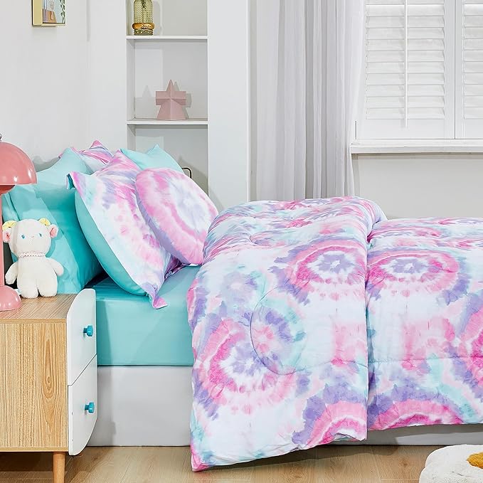 Mooreeke Tie Dye Kids Comforter Bed Set Full Size for Girls, 8 Pieces Bed in a Bag with Shams, Sheet Set, A Toy Pillow Dark Pink Round Flower Full Soft Microfiber Kids Comforter Bedding Set