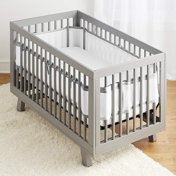 BreathableBaby Breathable Mesh Liner for Full-Size Cribs, Classic 3mm Mesh, Gray Seersucker (Size 4FS Covers 3 or 4 Sides)