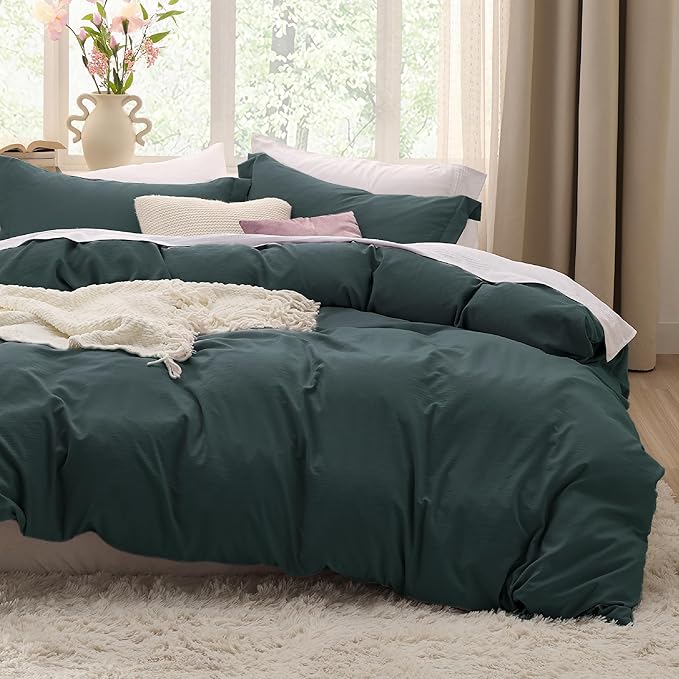 Bedsure Forest Green Duvet Cover Queen Size - 3 Pieces Prewashed Cotton-Like Extra Soft Bedding Set, Includes 1 Duvet Cover 90x90 Inches with Zipper Closure & 2 Pillow Shams, Comforter Not Included