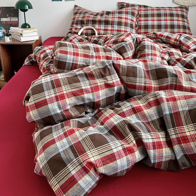 Vintage Buffalo Plaid Comforter Set King Size, 3 Pieces Red Brown Checkered Grid Comforter with 2 Pillowcases, Soft Fluffy Breathable Plaid Printed Gingham Bedding Comforter Set for All Seasons