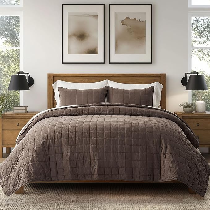 EVERGRACEHOME 100% Cotton Box Stitch Quilt Bedding Set King Size 3 Pieces, Garment-Washed Lightweight Soft Cozy Coverlet, Oversized Quilted Bedspread Sets with 2 Shams for All Season, Cocoa Brown
