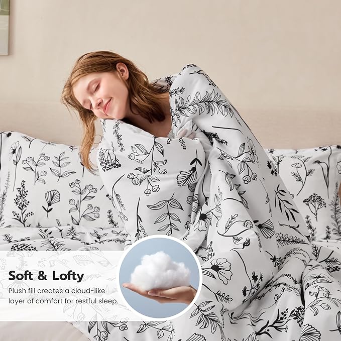 Joiedomi King Size Comforter Set White, 3 Pieces Floral King Bedding Set with 1 Soft Reversible Botanical Comforter and 2 Pillow Shams, Bed in a Bag for All Seasons