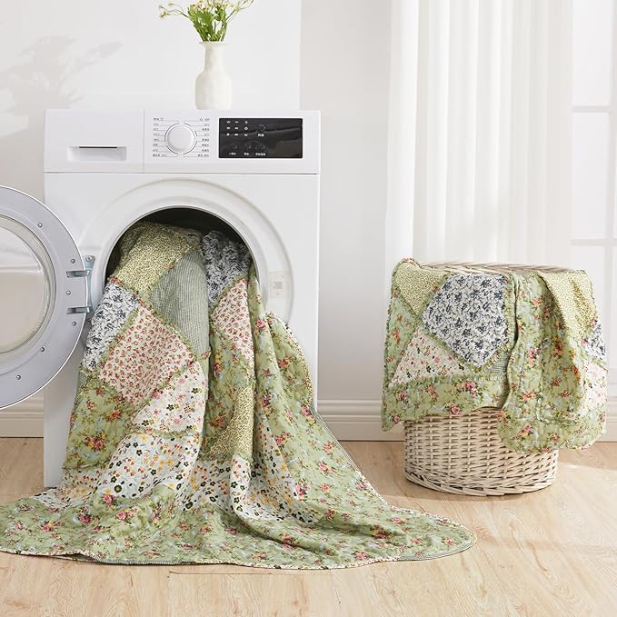 VIVILINEN Full Queen Size Green Patchwork Quilt Set Reversible Quilted Bedspread Coverlet Set 3-Piece Floral Lightweight Comforter Stitched Bedding Set Bed Sheet Set Cover Blanket with 2 Pillow Shams