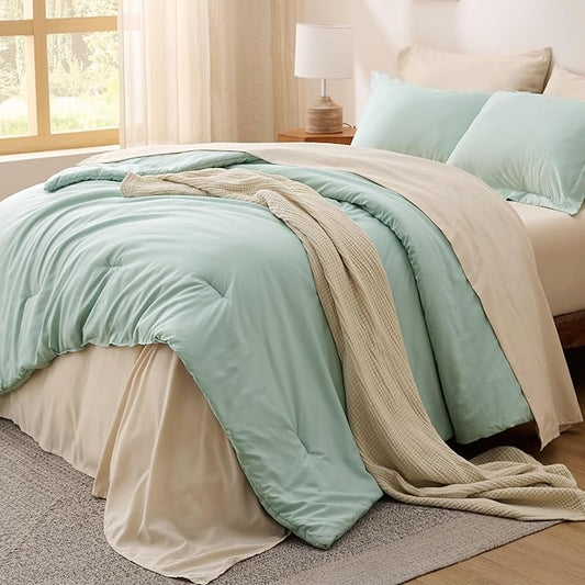Bedsure King Size Comforter Set Sage Green, 7 Pieces Lightweight King Bedding Sets Boho, Bed in a Bag with Comforter, Sheets, Pillowcases & Shams, Contrasting Design