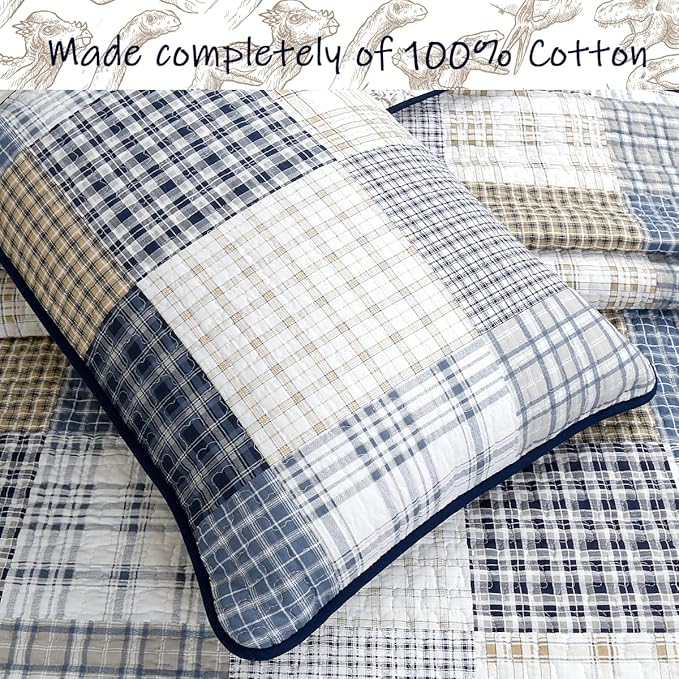 Cozy Line Home Fashions Benjamin Cute Dinosaur Plaid Navy Blue White Grey Bedding Quilt Set 100% Cotton Reversible Coverlet Bedspread Set for Kids Boy (King - 3 Piece)