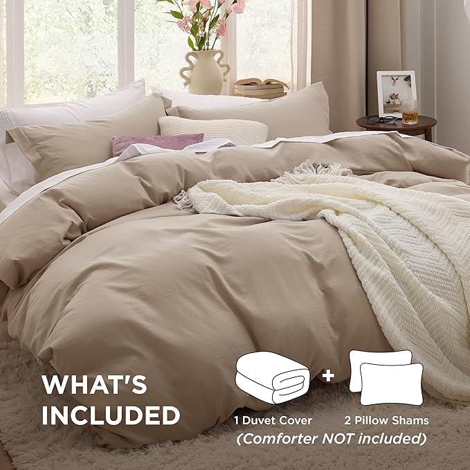 Bedsure Deep Beige Duvet Cover King Size - 3 Pieces Prewashed Cotton-Like Extra Soft Bedding Set, Includes 1 Duvet Cover 104x90 Inches with Zipper Closure & 2 Pillow Shams, Comforter Not Included