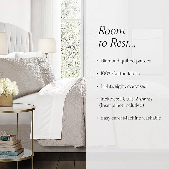Lush Decor Ava Quilt Diamond Pattern Solid 3 Piece Oversized Bedding Blanket Bedspread Set - King - Gray