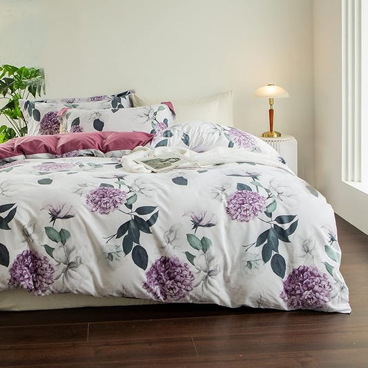 MILDLY 100% Washed Cotton Duvet Cover - Hydrangea Floral Comforter Cover Set Botanical Flower Pattern Bedding Set with Zipper Closure 4 Ties Twin Size