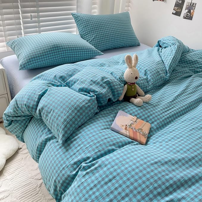LifeTB Queen Comforter Set Blue Grey Gingham Comforter with 2 Pillowcases Modern Style Geometric Plaid Grid Comforter Farmhouse Gingham Bedding Set 3 Pieces Fluffy Checkered Comforter Set