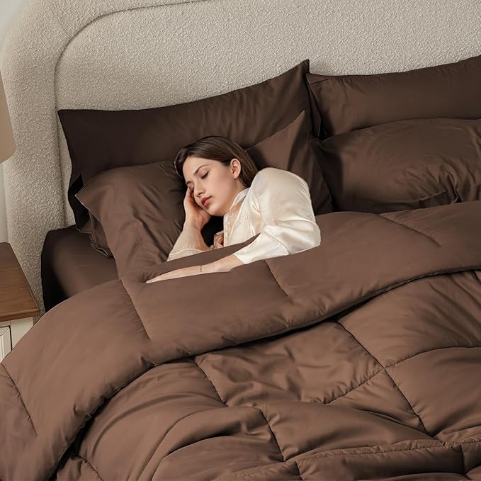 Anluoer Twin Size Bed in a Bag 5 Pieces, Brown Bed Comforter Set with Sheets, All Season Bedding Sets with 1 Comforter, 1 Pillow Sham, 1 Pillowcase, 1 Flat Sheet, 1 Fitted Sheet