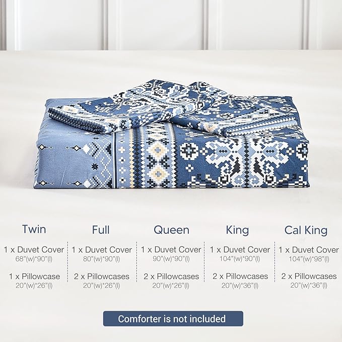 Lekesky Boho Duvet Cover Queen Size, Blue Comforter Cover Queen Size White Geometric Floral Printed Duvet Set, 3 Pieces Soft Microfiber Bedding Set with Zipper Ties (Queen, 90"x90")