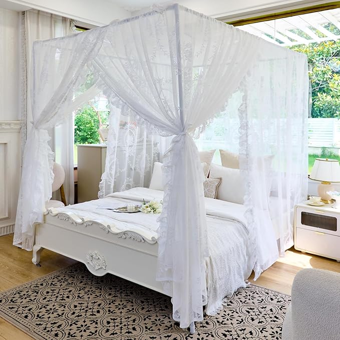 AIKASY Elegant Lace Princess 4-Poster Bed Canopy Mosquito Net - Romantic Wedding Bridal Bedroom Decor, Kids Room Bed Curtain for Women Adults - (White-2,Queen)