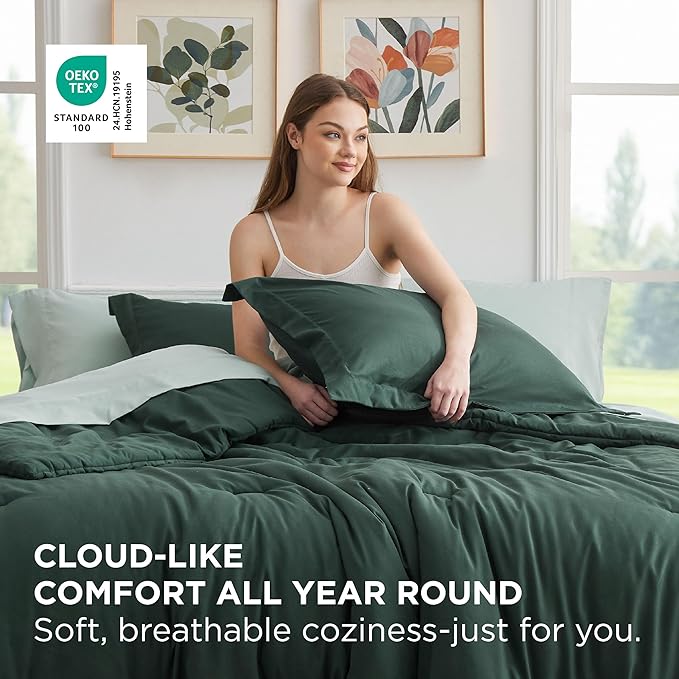 Bedsure Twin Comforter Set - 5 Pieces Forest Green Twin Bedding Set for All Seasons, Boho Contrasting Design Bed in a Bag with Comforter, Sheets, Pillowcase & Sham
