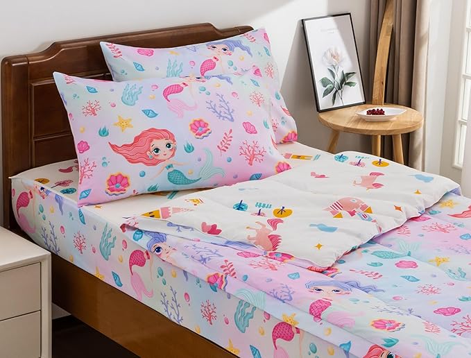 Meeting Story 3pcs Kids Comforter Sets Zipper Bedding Set for Girls,Twin Kid Bedding Set Mermaid Rainbow Comforter for Kid,All in one Zipper Bedding（Pink Yellow,Twin）