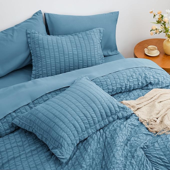Love's cabin Seersucker Misty Blue Twin XL Comforter Set, 5-Piece All Season Lightweight Bed in a Bag Bedding Set with Comforter, Flat Sheet, Fitted Sheet, Pillowcase and Sham | Soft, Breathable, Lightweight