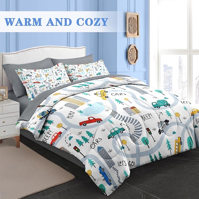 Comforter Set Full Size, Cute Car City 7 Pcs Bedding for Kids and Adults, Cartoon Tree Truck Bed Sheet Sets with Fitted Sheet 2 Pillowcases & 2 Shams for Bedroom Bed Decor