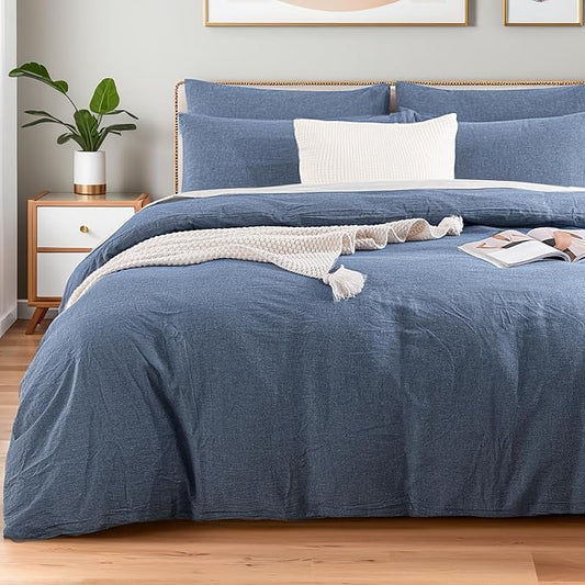 NEXHOME PRO Duvet Cover King 100% Washed Cotton, Organic Natural Linen Like Textured, Breathable, Durable, Home Bedding Set, Heathered Blue 10490