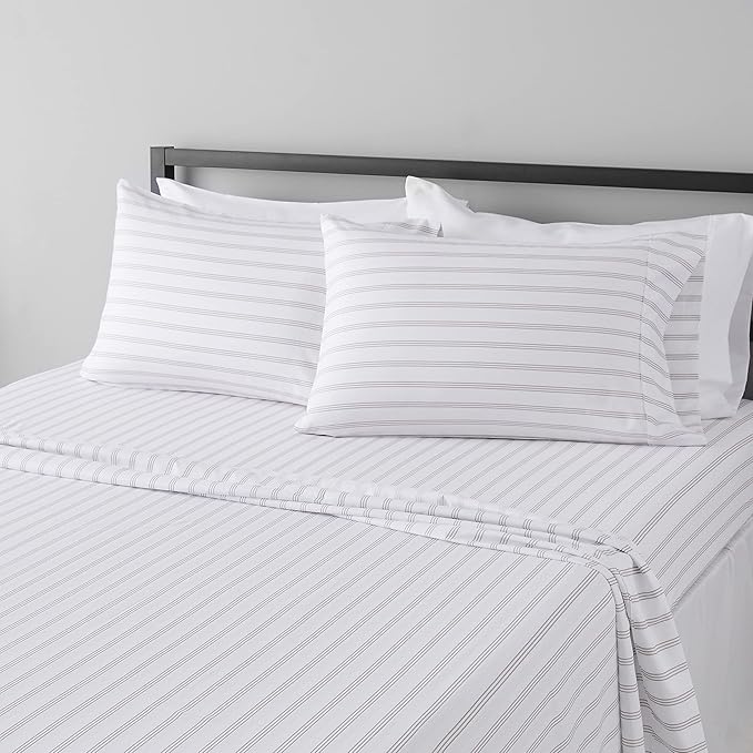 Amazon Basics Lightweight Breathable Brushed Microfiber 4-Piece Bed Sheet Set, Wrinkle Resistant with 14-Inch Deep Pockets, Queen, Taupe Stripe