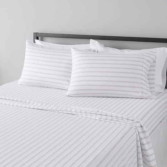 Amazon Basics Lightweight Breathable Brushed Microfiber 4-Piece Bed Sheet Set, Wrinkle Resistant with 14-Inch Deep Pockets, Queen, Taupe Stripe