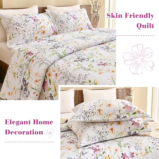 QSH 3Pcs Floral Quilt Oversized Queen Size (102"x118") -100% Cotton Quilt Oversized Queen Set Summer Botanical Yellow Wild Flower Printed Bedspread Coverlet Extra Soft Lightweight with Pillowshams
