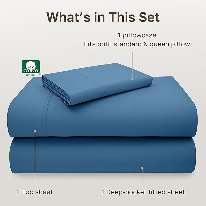 California Design Den Extra Long Twin Sheets Set - Luxury 600 Thread Count Sateen, Natural 100% Cotton XL Twin Sheet Set, Fully Elasticized Deep Pockets, Durable Bedding for Dorm Room - Parisian Blue