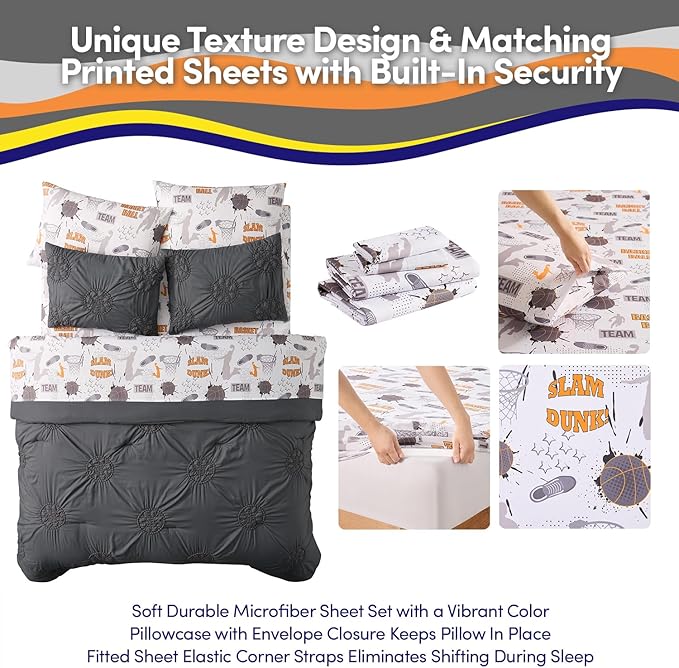 Basketball Pintuck Comforter Set Full Size – Bed in a Bag with Sheets, Pillowcases & Shams – Soft Stylish Sports Bedding – All Season Boys Basketball Bed Set