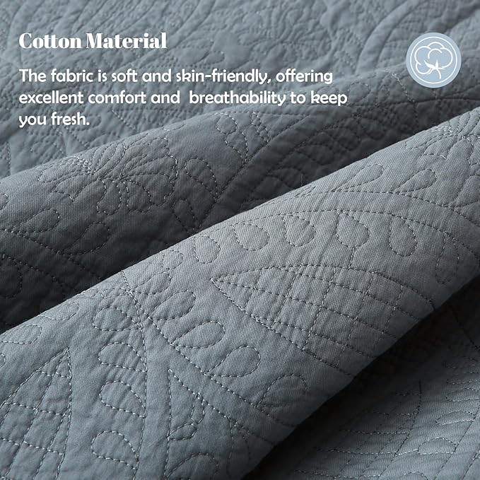 Gray 100% Cotton Twin Quilt Set, 3 Piece Modern Textured Bedspread with Coin Pattern, Lightweight Crinkly Coverlet Sham Set, Soft Minimalist All Season Bedding, Garment-Washed
