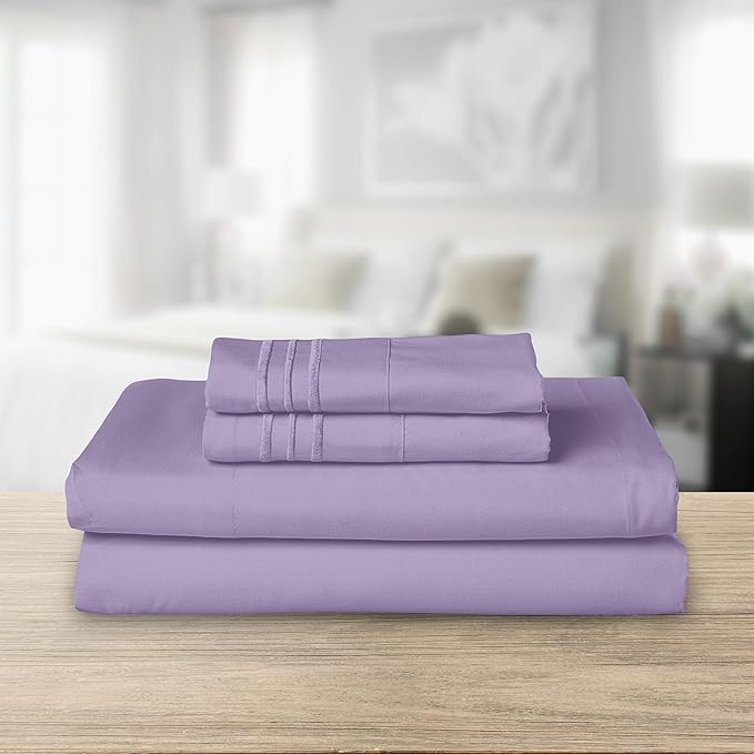 Elegant Comfort Luxurious 1500 Premium Hotel Quality Microfiber Three Line Embroidered Softest 4-Piece Bed Sheet Set, Wrinkle and Fade Resistant, Twin/Twin XL, Lavender
