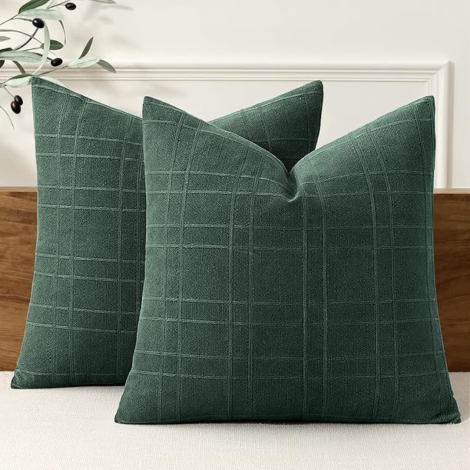 MIULEE Decorative Linen Check Euro Shams Throw Pillow Covers Neutral Farmhouse Vintage Spring Pillow Covers 24x24 Set of 2 Boho Modern Home Decor for Sofa Couch Bedroom Cushion Dark Green