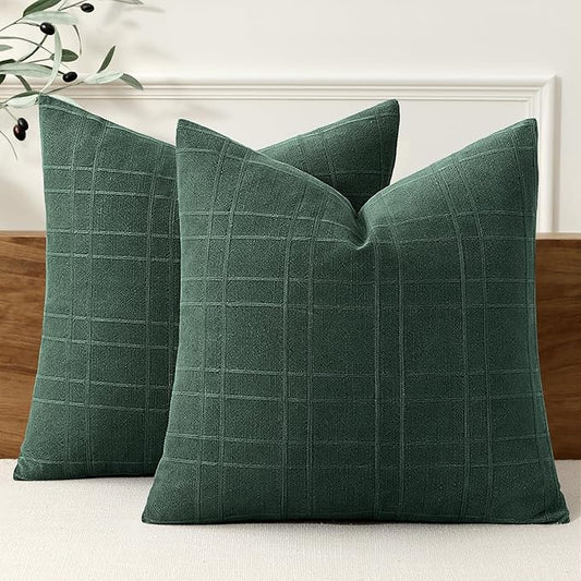 MIULEE Decorative Linen Check Euro Shams Throw Pillow Covers Neutral Farmhouse Vintage Spring Pillow Covers 24x24 Set of 2 Boho Modern Home Decor for Sofa Couch Bedroom Cushion Dark Green