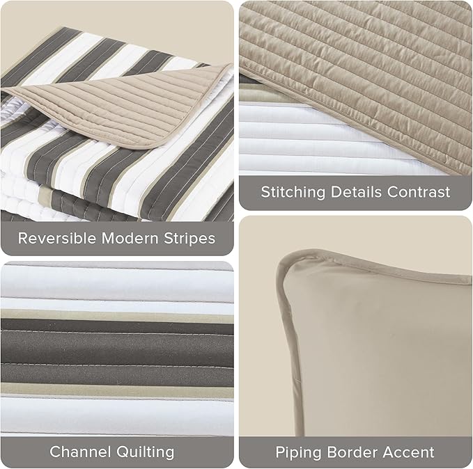 Comfort Spaces Queen Quilt Set Trendy Casual Fun, Vibrant Color Stripes Design, All Season Lightweight Coverlet Bedspread Queen Size Bedding & Shams, Verone, Full/Queen, Grey, 3 Piece
