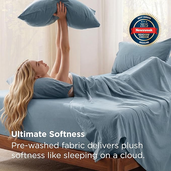 Bedsure Deep Pocket Queen Sheets - 6 Piece, Prewashed Ultra-Soft Queen Sheet Set, Fits Mattresses Up to 18 Inches Thick, Breathable & Secure Fit, Hotel Luxury Bedding, Mineral Blue