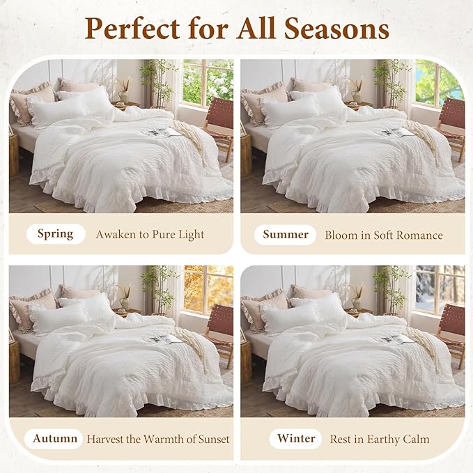 JOLLYVOGUE White Comforter Full Size, 3 Pieces Seersucker Lightweight Full Size Bedding, All Season Fluffy Microfiber Bedding Comforter Set with 1 Ruffle Comforter and 2 Ruffle Pillowshams