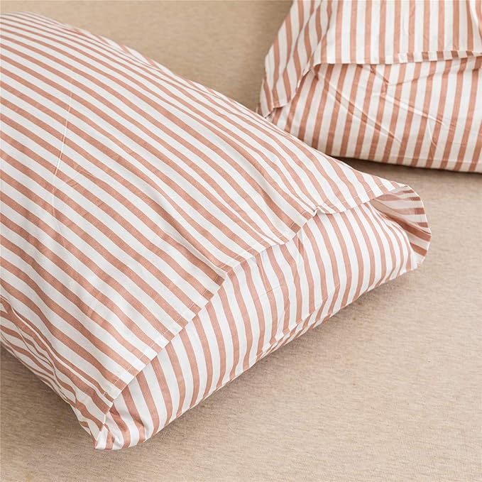 JELLYMONI 100% Natural Cotton 3pcs Striped Duvet Cover Sets,White Duvet Cover with Pink Stripes Pattern Printed Comforter Cover,with Zipper Closure & Corner Ties(Full Size)