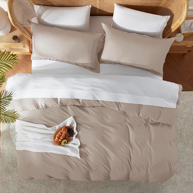 Nestl Queen Duvet Cover Set with Comforter Insert - Linen 4 Piece 90x90 Duvet Cover & 2 Pillow Shams with White Quilted Down Alternative Comforter, Ultra Soft, All Season