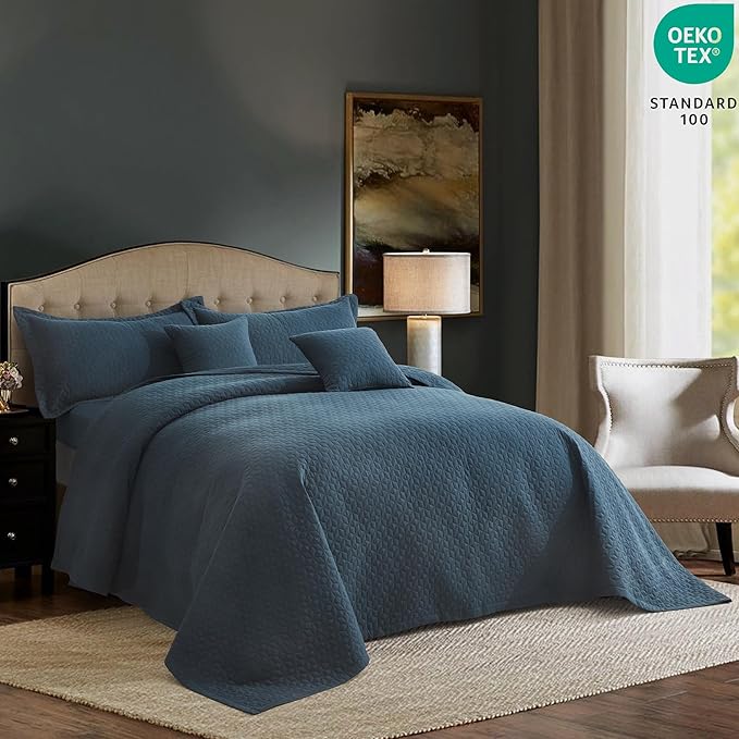 Oversized King Bedspread 128x120 Extra Wide, Modern & Contemporary Look, Lightweight Bedding Cover, Reversible, 5 Piece, 100% Microfiber, Navy Blue