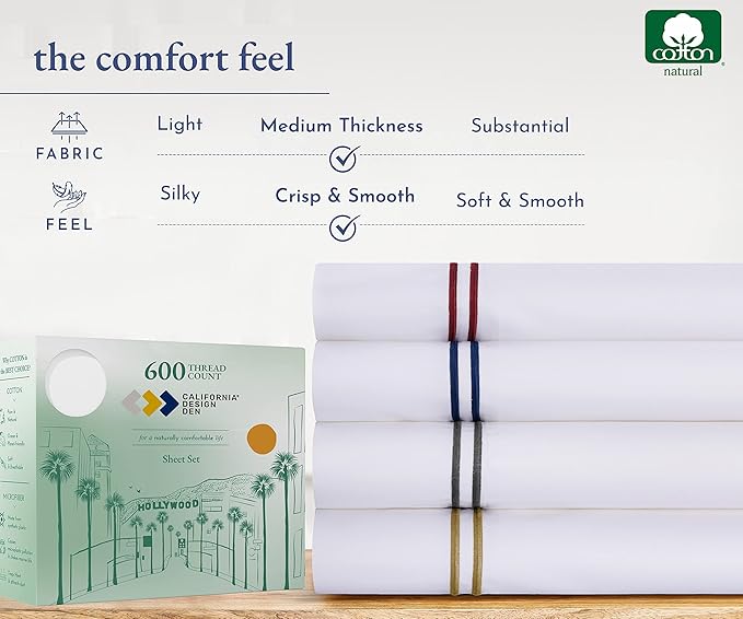 California Design Den Queen Size Sheet Set - 100% Cotton, 600 Thread Count, Deep Pocket Queen Sheets, Premium-Feel Bedding with Sateen Weave - White Embroidered Navy