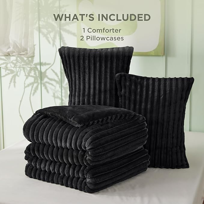Bedsure King Size Comforter Set - GentleSoft™ 3 Pieces Fluffy Double-Side Fleece Comforter Set, Cozy Striped Room Decor Aesthetic, Luxury Black King Bedding with 2 Pillowcases, 104x90 Inches