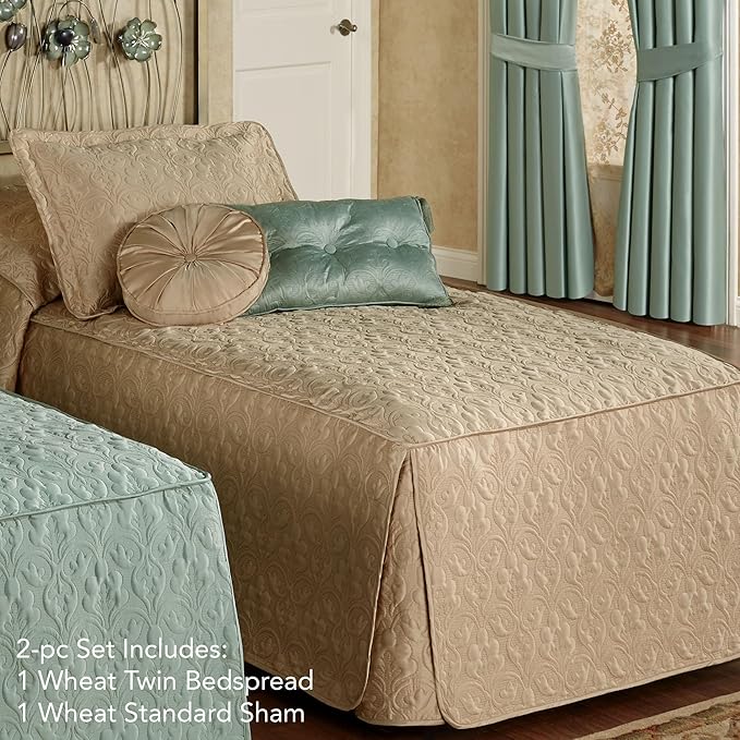 Cambridge Classic Luxury Bedding | Neutral Warm Wheat Solid Color Polyester Satin | Elaborate Damask Quilting | 2 Piece Bed Set Includes Twin Bedspread and Standard Pillow Sham | Also Fits Twin XL Bed