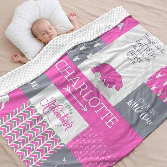 Personalized Baby Blanket for Girls, 35x45 Inches Soft Double Layer Baby Blankets with Dotted Backing, Receiving Blanket Bed Throws for Newborn, Infant, Babies, Bear, Light Pink
