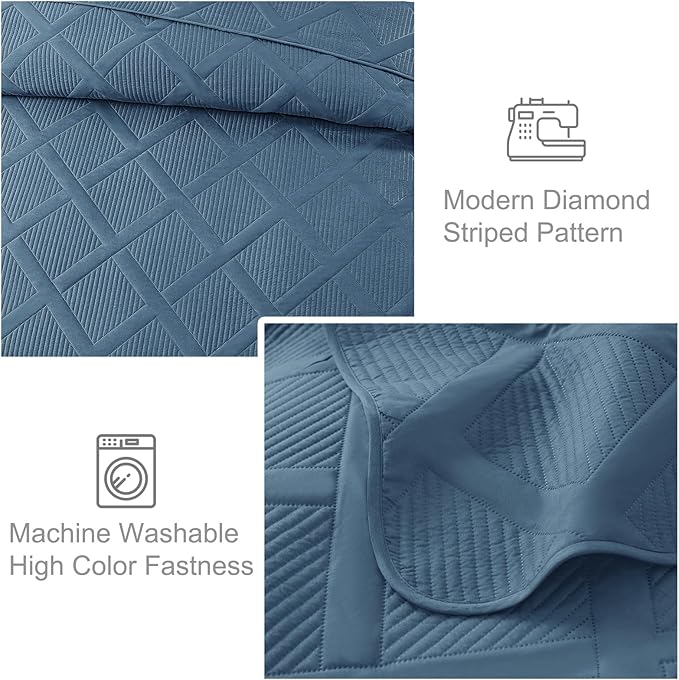 Exclusivo Mezcla Quilt Set Oversized King Size, 3 Pieces Grayish Blue Cal King Quilt Bedding Set, Lightweight Quilts Soft Bedspreads Modern Striped Coverlets for All Seasons