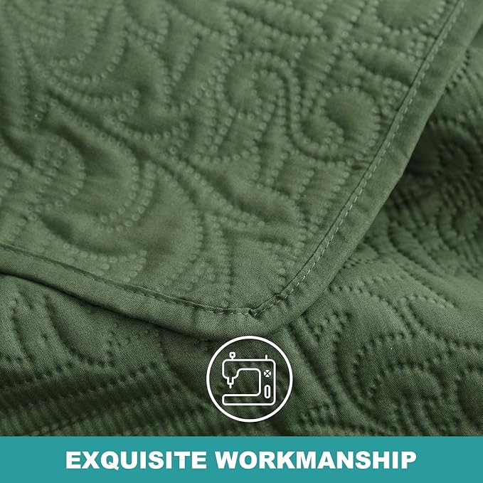 Hansleep Olive Green Quilt King Size - Damask Ultrasonic All Season Bedspread King, Soft Lightweight Coverlet Bedding Set, 3 Pieces (1 Quilt, 2 Pillow Shams)