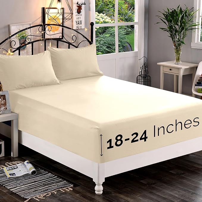 Elegant Comfort 1500 Premium Quality Fitted Sheet Ultra Soft 18-24 Inch Extra Deep Pocket - Single Fitted Sheet for High Mattress - Wrinkle Free with Smart Storage Pockets, King, Cream