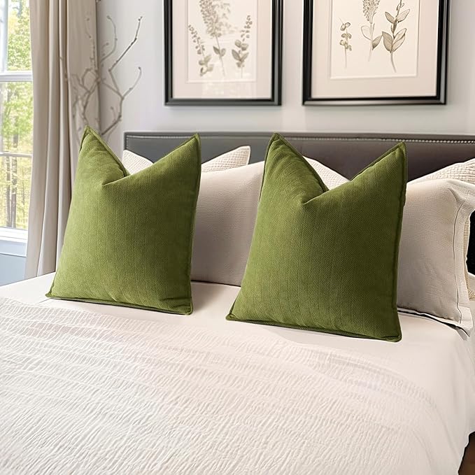 MIULEE Pack of 2 Moss Green Decorative Pillow Covers 20x20 Inch Soft Chenille Luxurious Couch Throw Pillows Farmhouse Cushion Covers with Elegant Design for Sofa Bedroom Living Room Spring Home Decor